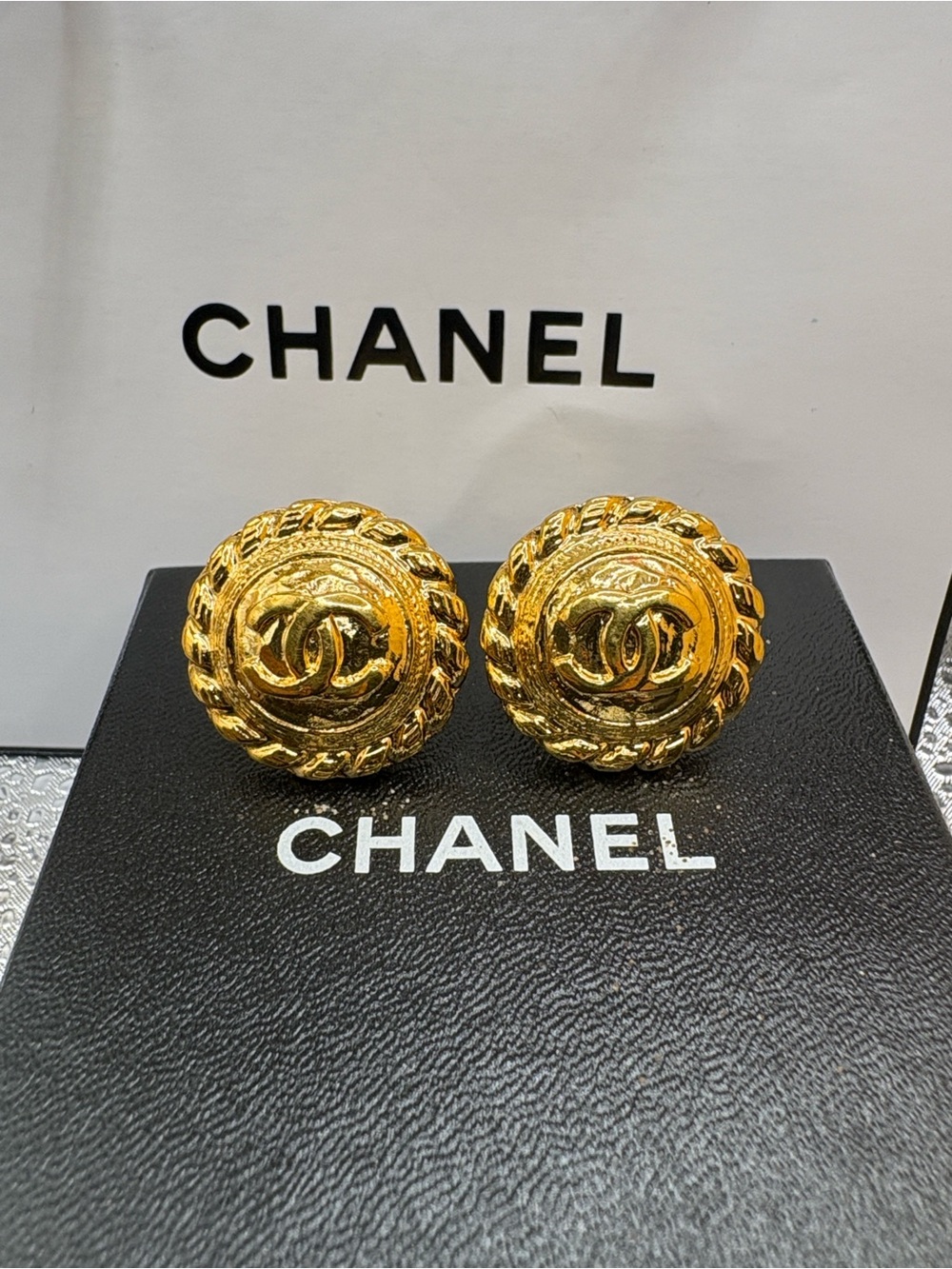 CHANEL๐Gold Interlocking CC Rope-Trim Button Earrings W/Chanel box &bag - Picture 3 of 15